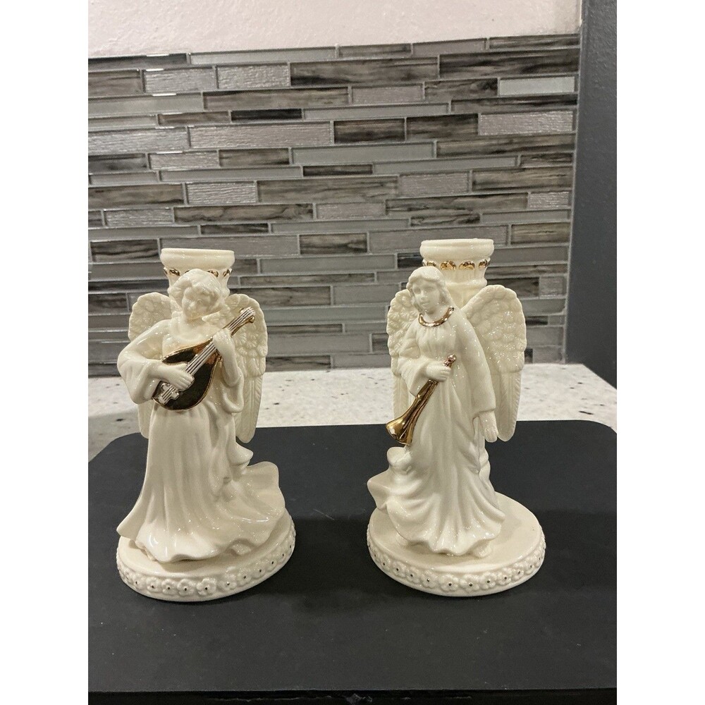 Mikasa Holiday Elegance Angel Candle Holder Set of 2 Porcelain Christmas